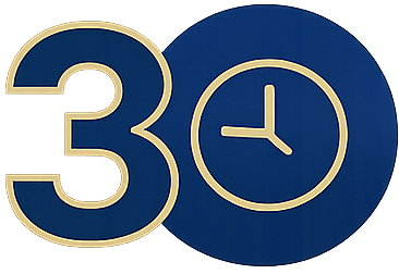 Blue number 30 with a clock showing 9:00 inside the zero.