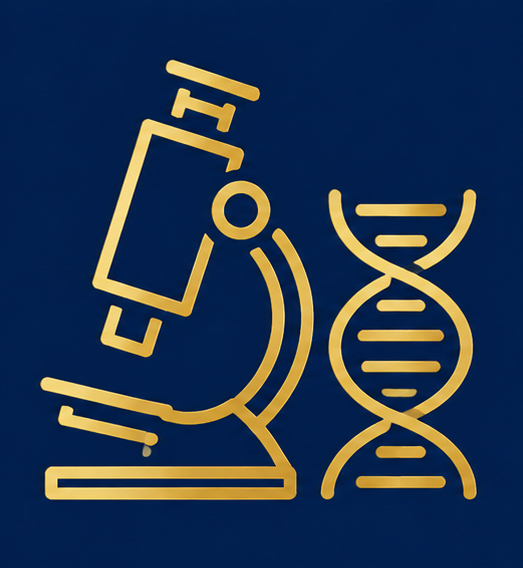 Gold outline icons of a microscope and a DNA double helix on a dark blue background.