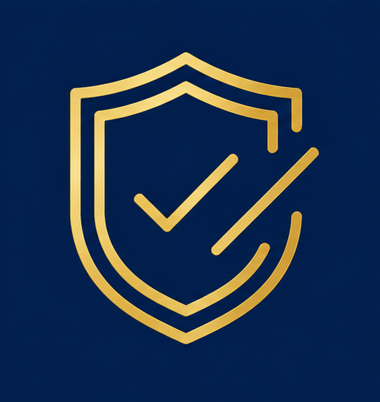Gold shield outline with a checkmark on a dark blue background symbolizing protection or security.