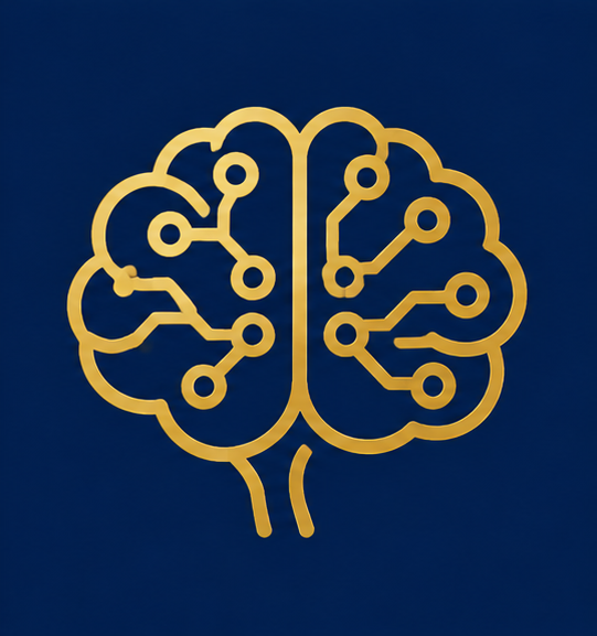 Gold digital circuit brain icon against a dark blue background.