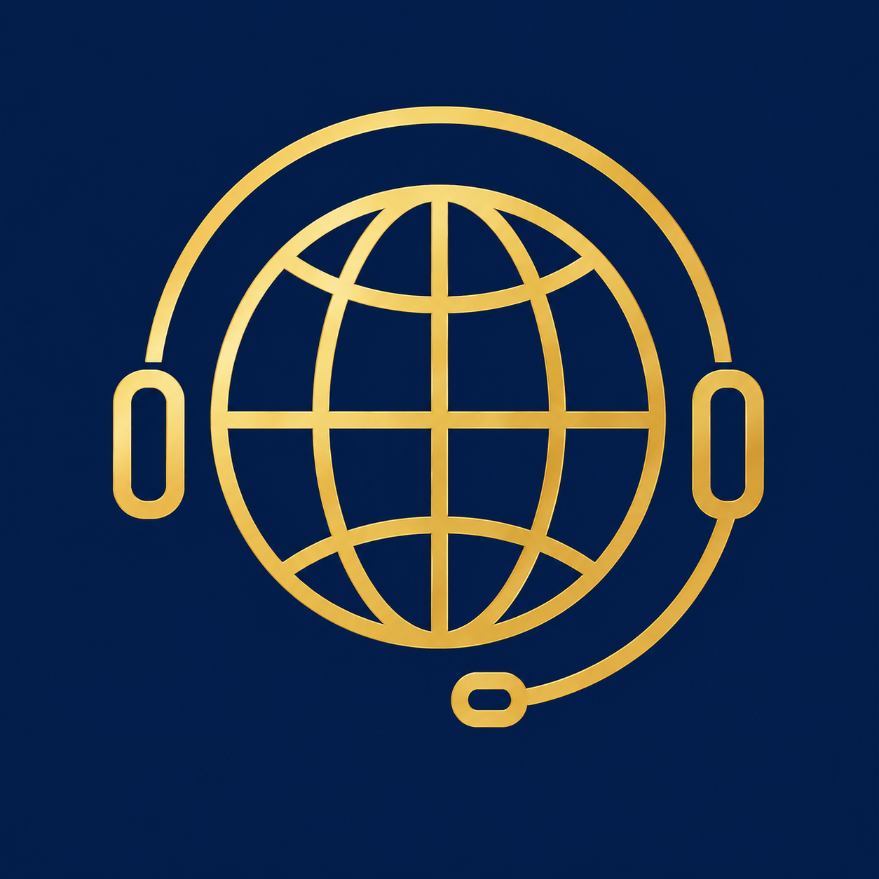 Gold globe with headset microphone icon on dark blue background representing global communication.