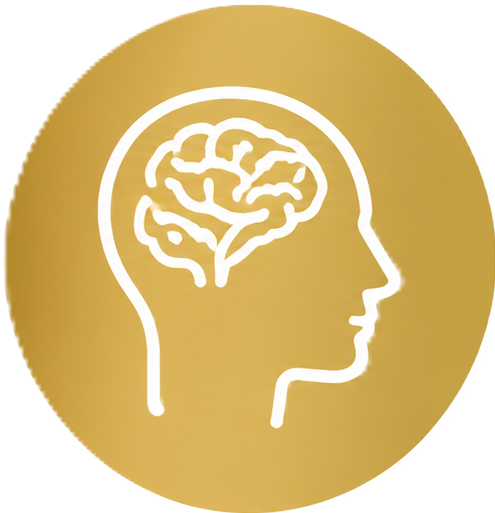 White outline of a human head with a brain inside on a gold circular background.