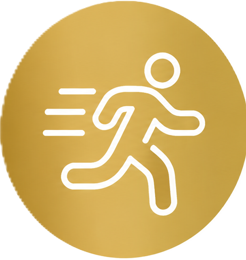 White running person icon with motion lines on gold circular background.