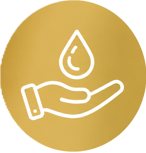 White outline of a hand holding a water droplet on a gold circular background.