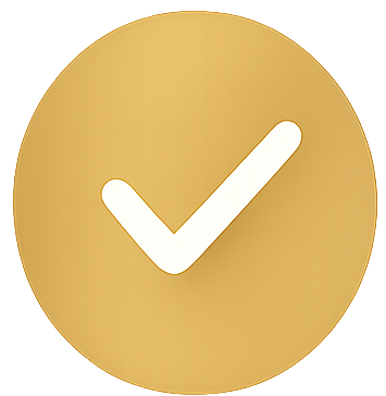 White checkmark symbol inside a gold circular background.