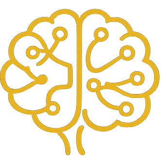 Yellow outlined brain with connected nodes representing neural networks or circuits.