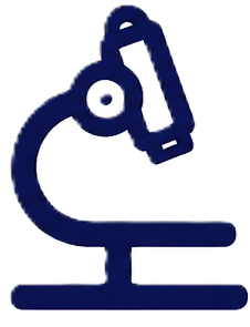 Simple dark blue microscope icon on white background.