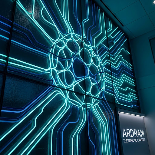 Glowing blue circuit lines converging to a central circle on a dark wall with ARDRAM Therapeutic Careers sign.