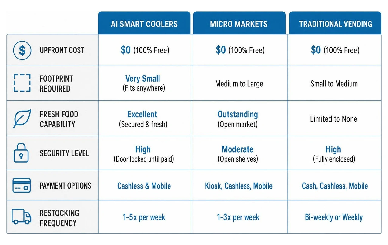 Diagram comparing AI Coolers, Micro Markets, and Traditional Vending layouts Diagram comparing AI Coolers, Micro Markets, and Traditional Vending layouts