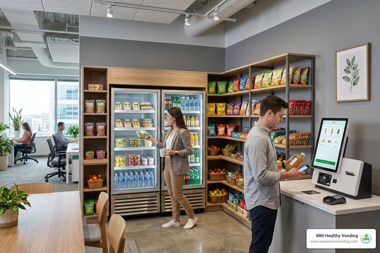 A modern micro market breakroom setup with self-checkout kiosks A modern micro market breakroom setup with self-checkout kiosks