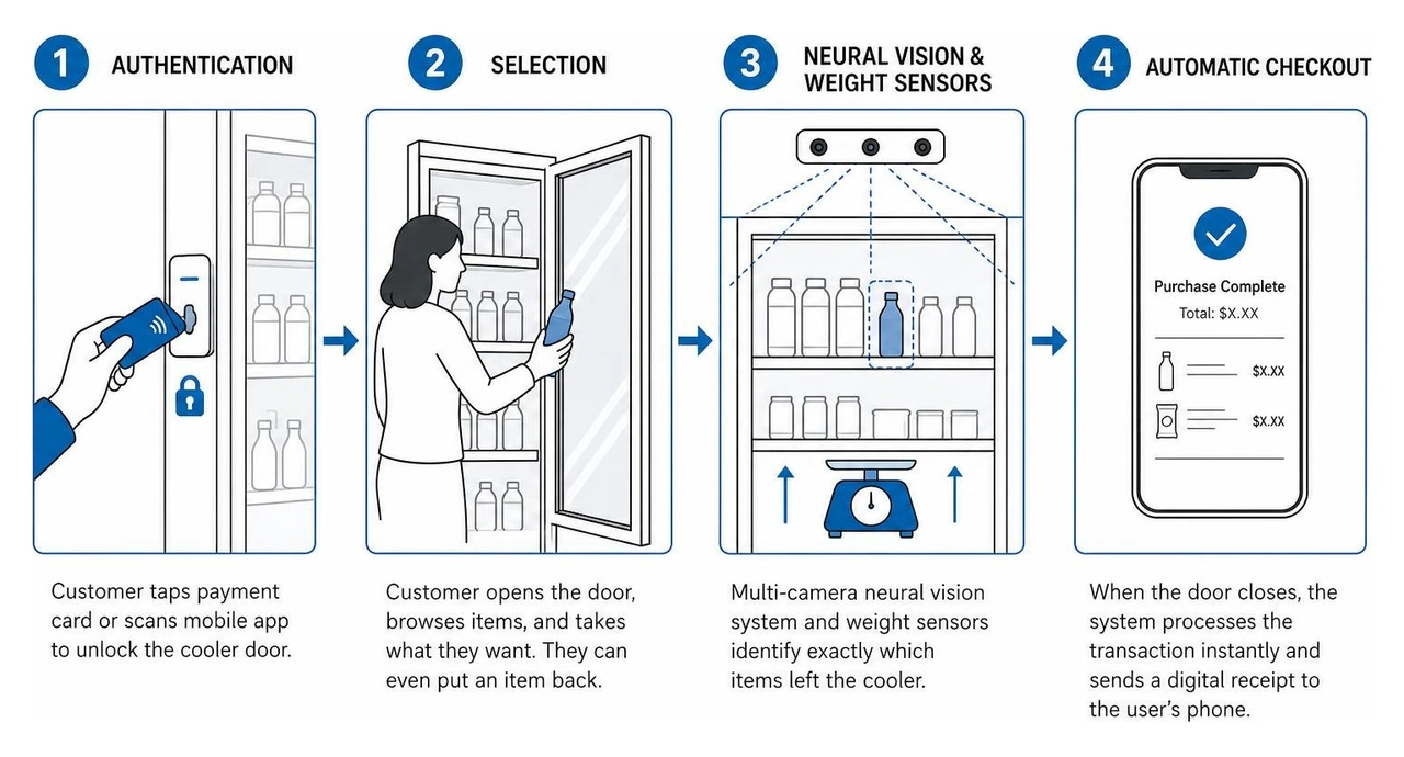 Step-by-step process of secure AI smart cooler checkout flow Step-by-step process of secure AI smart cooler checkout flow