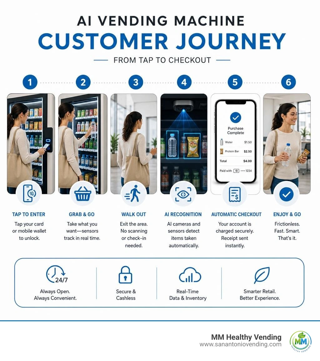Step-by-step customer journey of an AI vending machine from tap to checkout infographic Step-by-step customer journey of an AI vending machine from tap to checkout infographic