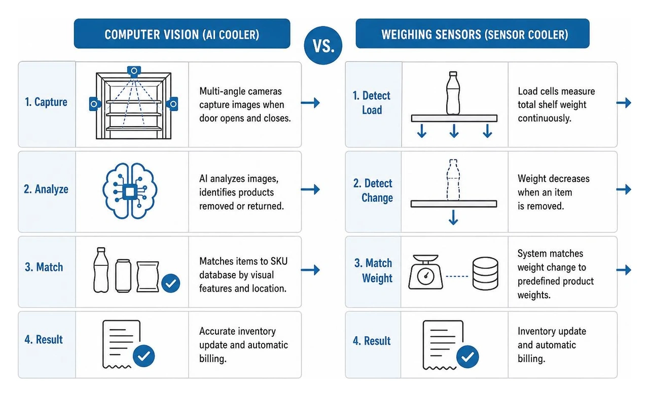 Comparison diagram showing how computer vision tracks items visually versus how weighing sensors rely on physical load cells Comparison diagram showing how computer vision tracks items visually versus how weighing sensors rely on physical load cells