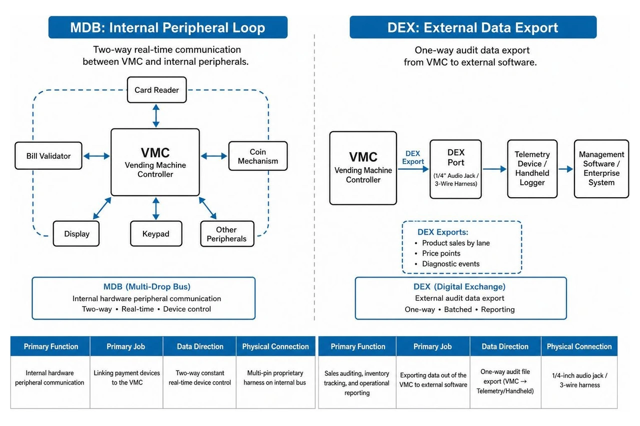 Comparison diagram showing MDB internal peripheral loop versus DEX external data export Comparison diagram showing MDB internal peripheral loop versus DEX external data export