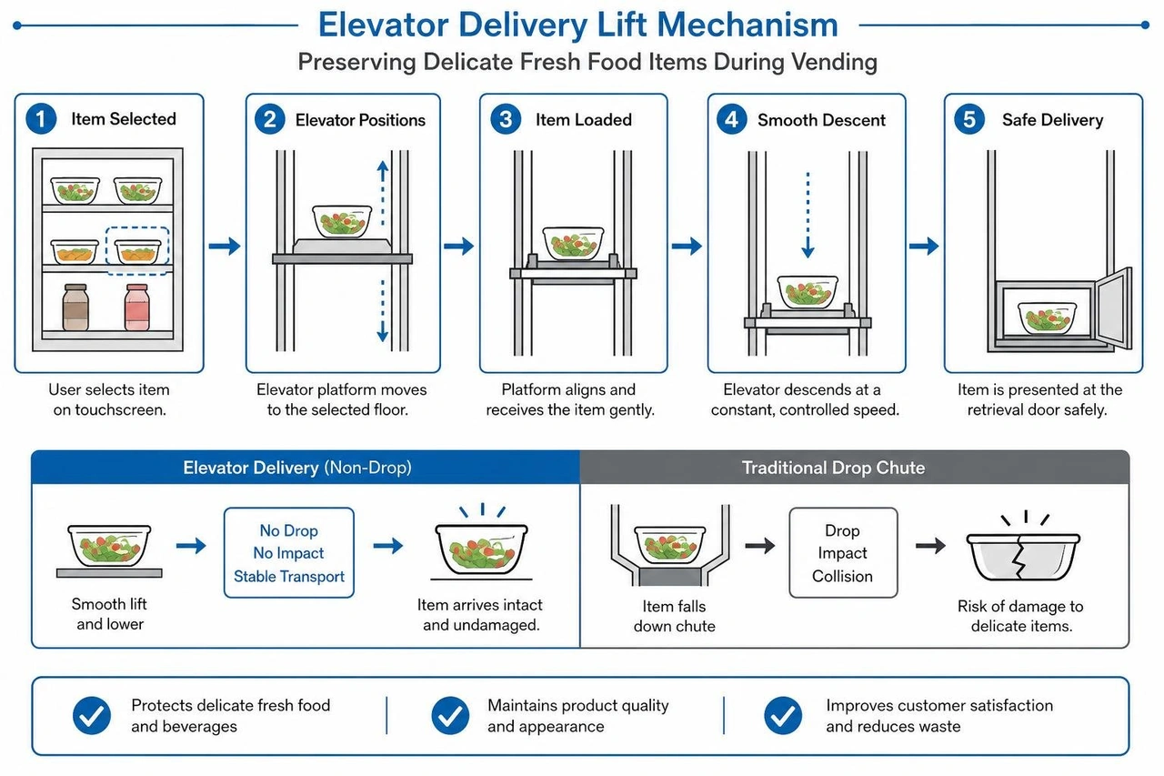 Diagram showing elevator delivery lift mechanism preserving delicate fresh food items during vending Diagram showing elevator delivery lift mechanism preserving delicate fresh food items during vending
