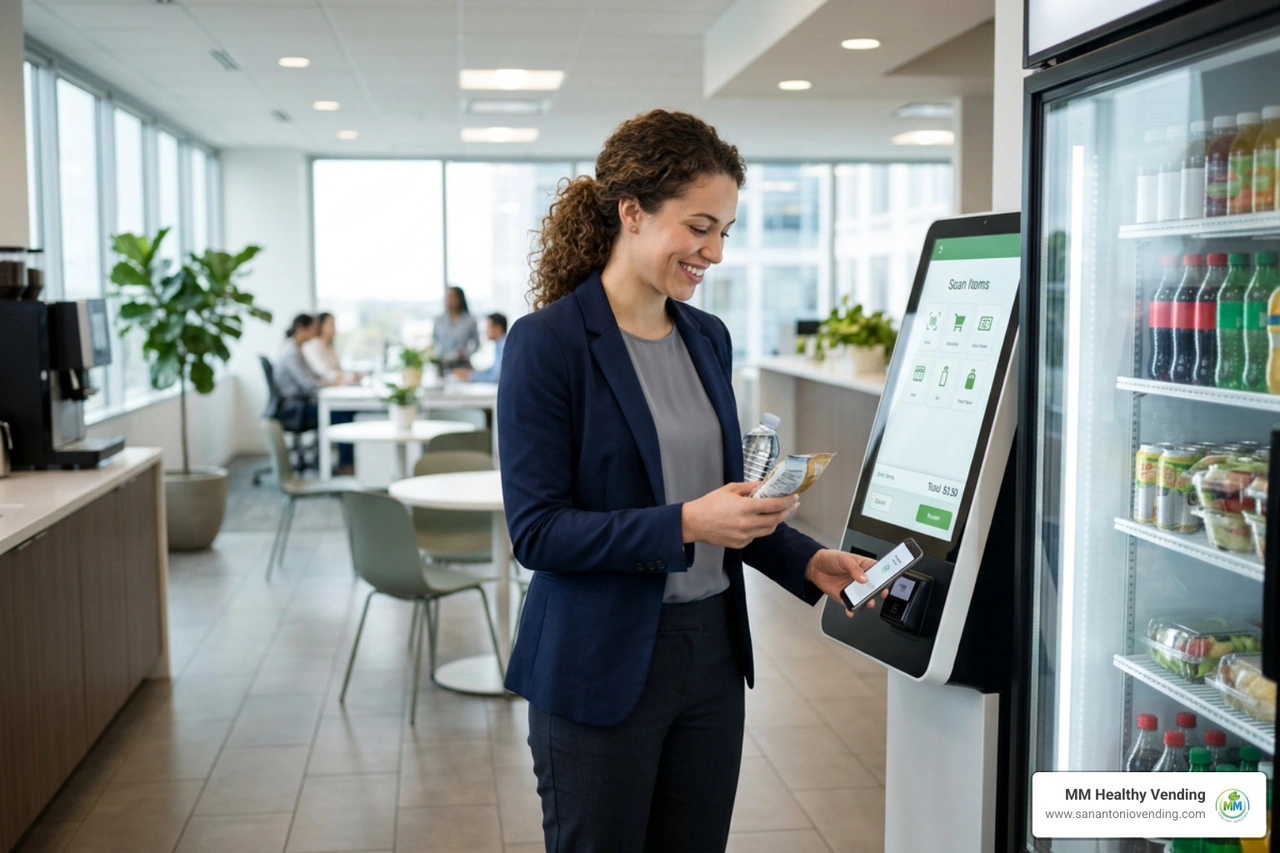 employee paying with mobile app at an office refreshment hub employee paying with mobile app at an office refreshment hub