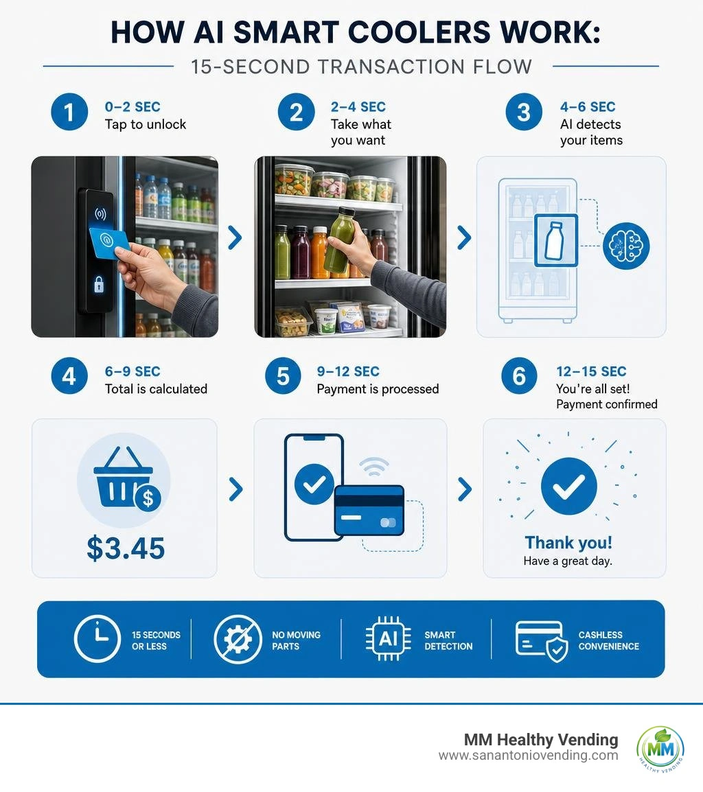 How AI smart coolers work: 15-second transaction flow from door unlock to payment confirmation infographic How AI smart coolers work: 15-second transaction flow from door unlock to payment confirmation infographic