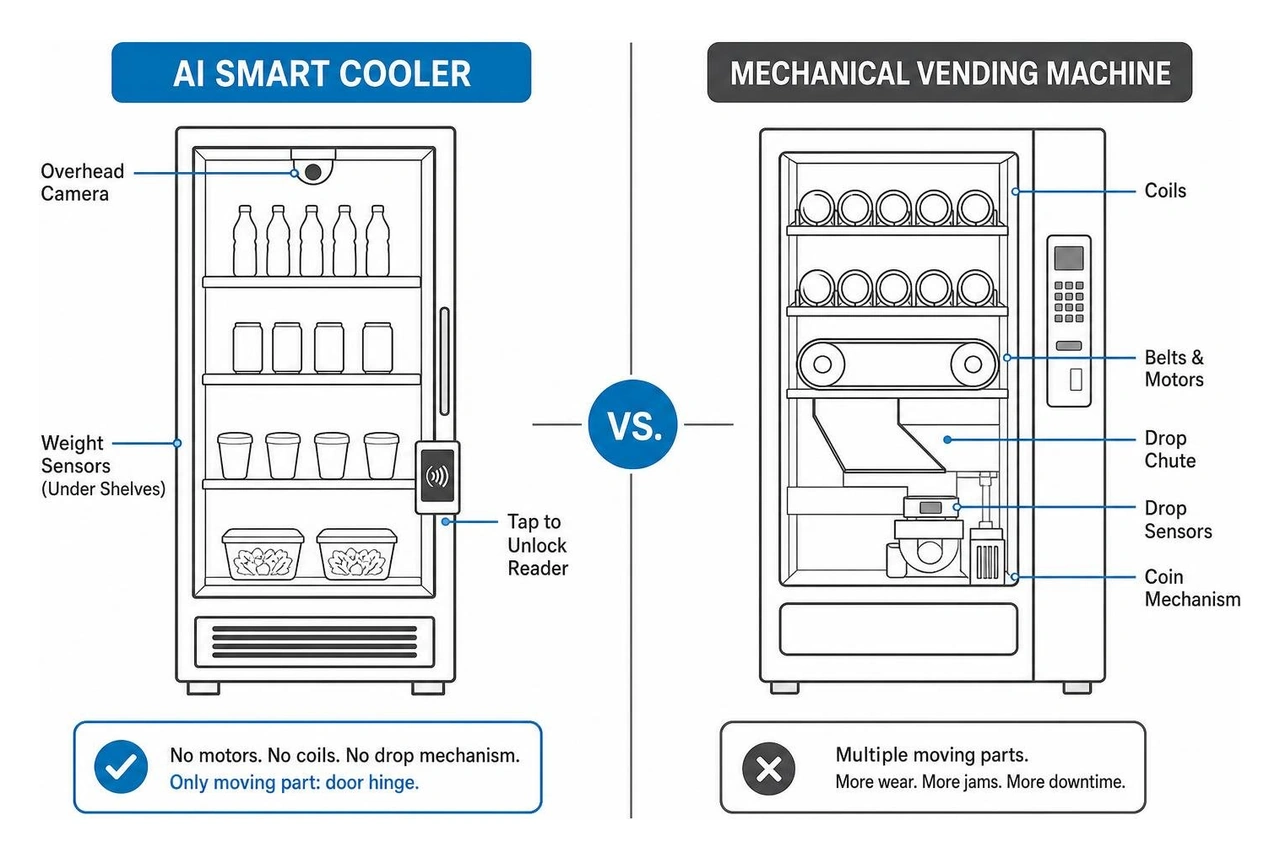 Comparison diagram showing the simple physical design of smart coolers vs mechanical vending machines Comparison diagram showing the simple physical design of smart coolers vs mechanical vending machines