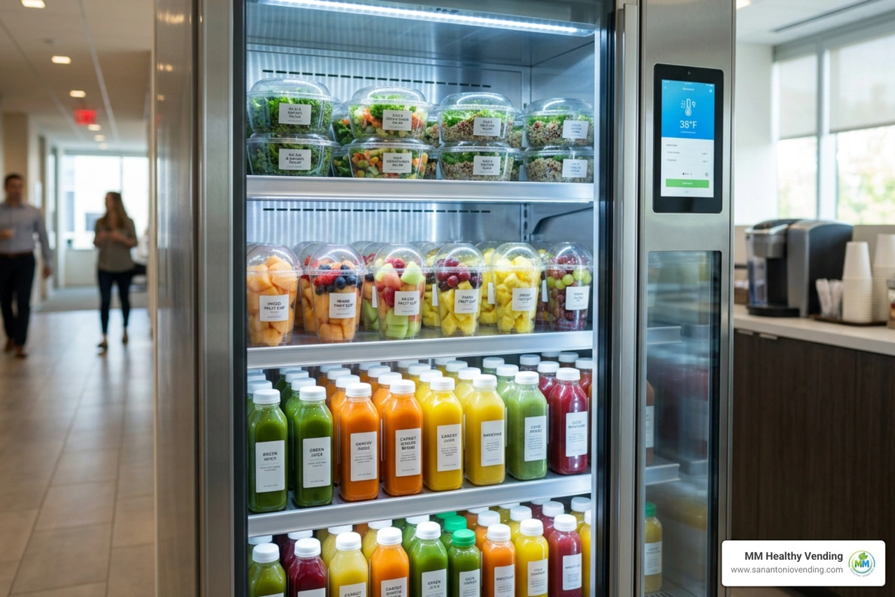 A glass-front smart cooler stocked with fresh organic salads, fruit cups, and cold-pressed juices A glass-front smart cooler stocked with fresh organic salads, fruit cups, and cold-pressed juices