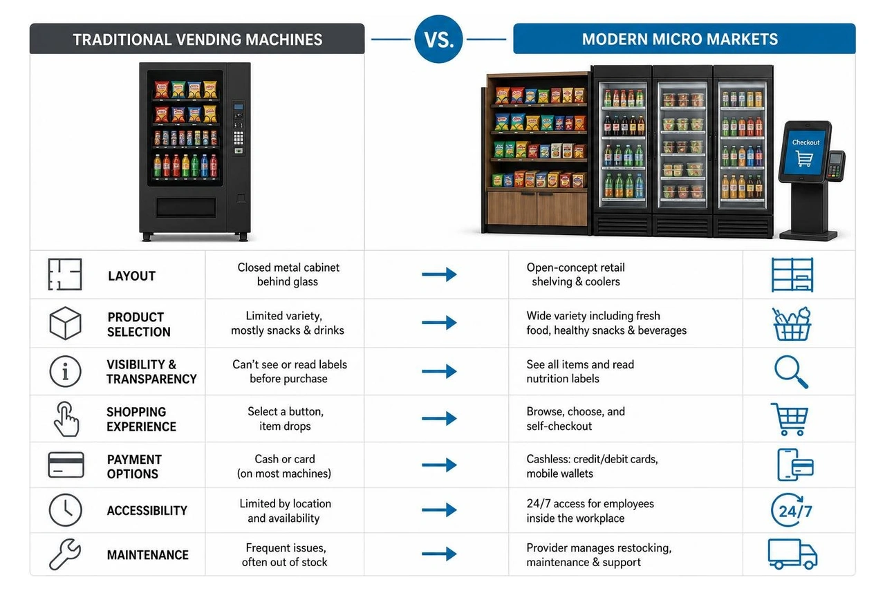 Diagram showing the comparison between traditional vending machines and modern micro markets Diagram showing the comparison between traditional vending machines and modern micro markets