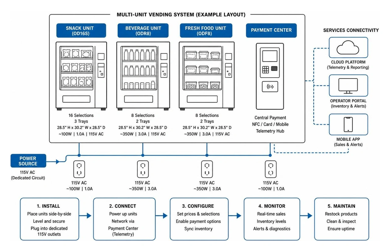 Multi-unit vending machine system layout and connectivity diagram