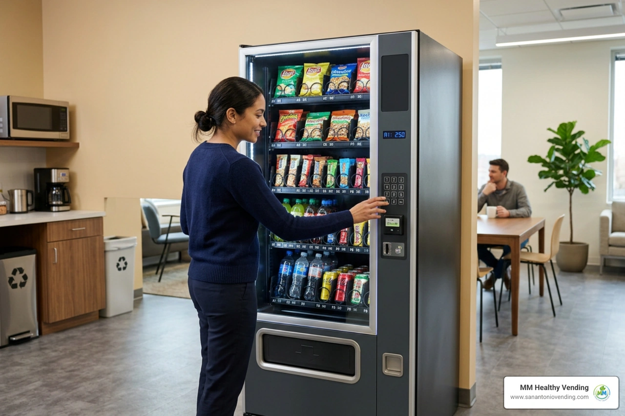 commercial snack and drink vending machine in an office break room commercial snack and drink vending machine in an office break room