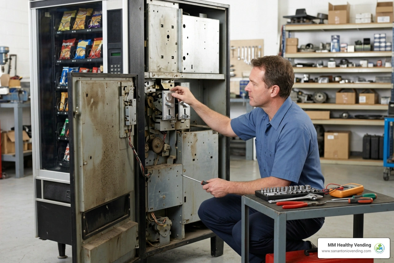 vending operator inspecting mechanical coin mechanism and lock assembly vending operator inspecting mechanical coin mechanism and lock assembly