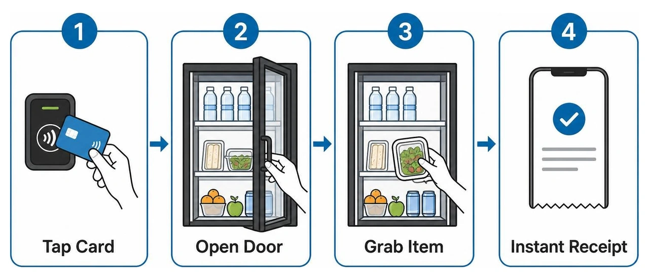 AI smart cooler checkout process showing tap card open door grab item and instant receipt AI smart cooler checkout process showing tap card open door grab item and instant receipt