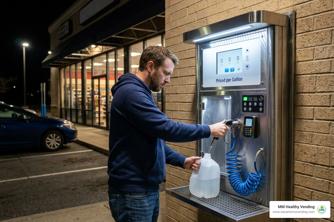 24-hour outdoor self-service water vending station mounted on a storefront wall 24-hour outdoor self-service water vending station mounted on a storefront wall
