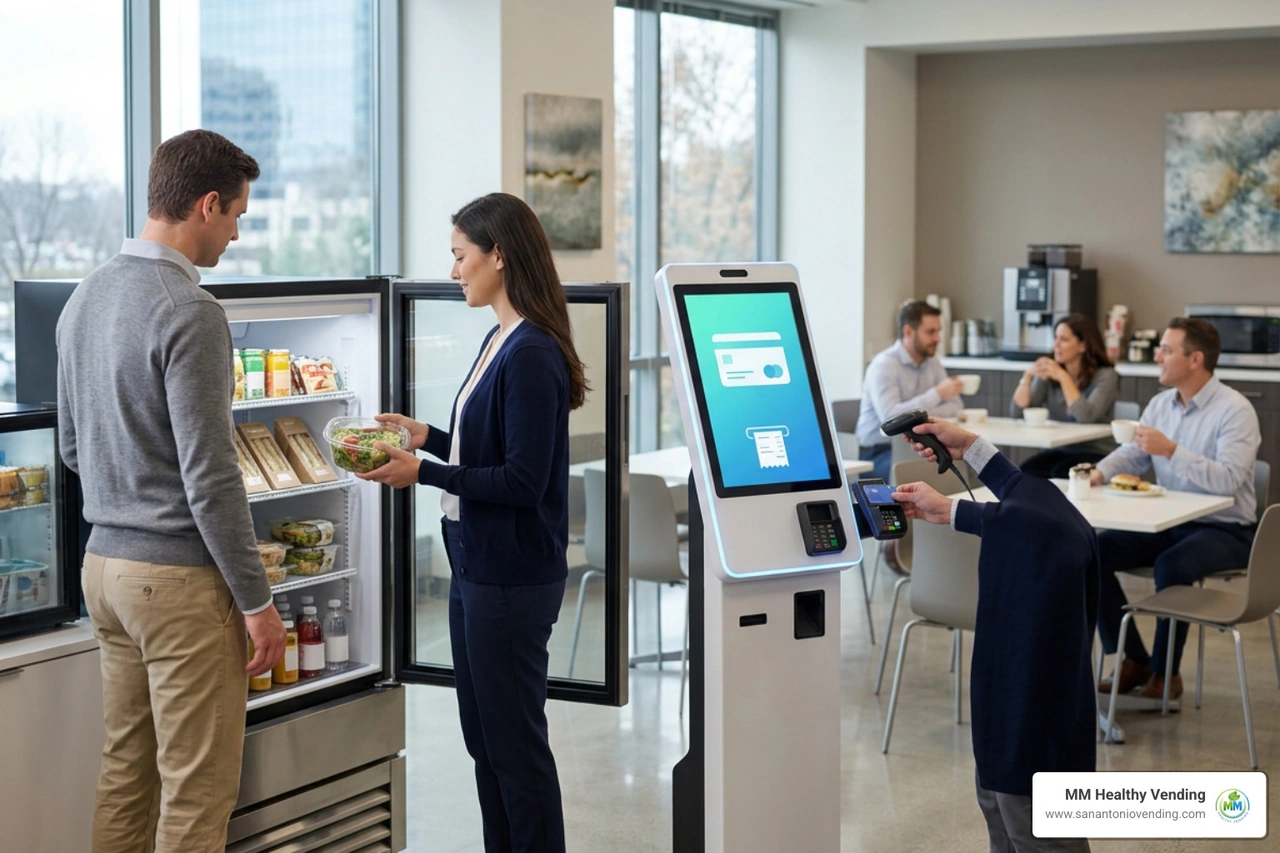 Contactless payment kiosk in an office micro market Contactless payment kiosk in an office micro market