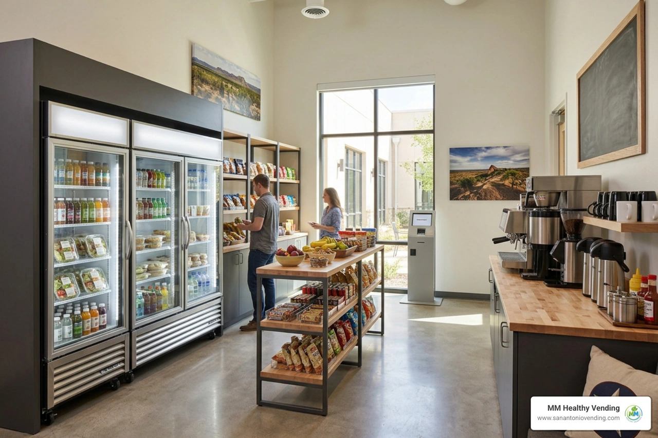 Fully stocked modern micro market breakroom in Texas Fully stocked modern micro market breakroom in Texas