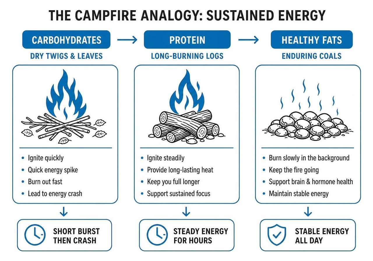 Diagram of the campfire energy analogy comparing carbs protein and fats Diagram of the campfire energy analogy comparing carbs protein and fats