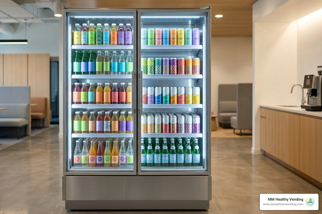 Refrigerated functional beverages in a sleek workplace breakroom cooler Refrigerated functional beverages in a sleek workplace breakroom cooler