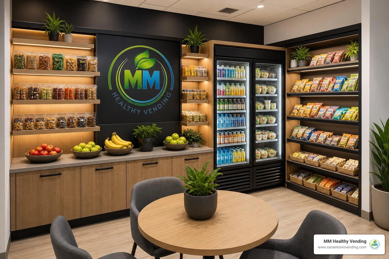 A modern office micro market fully stocked with healthy foods and fresh fruit A modern office micro market fully stocked with healthy foods and fresh fruit