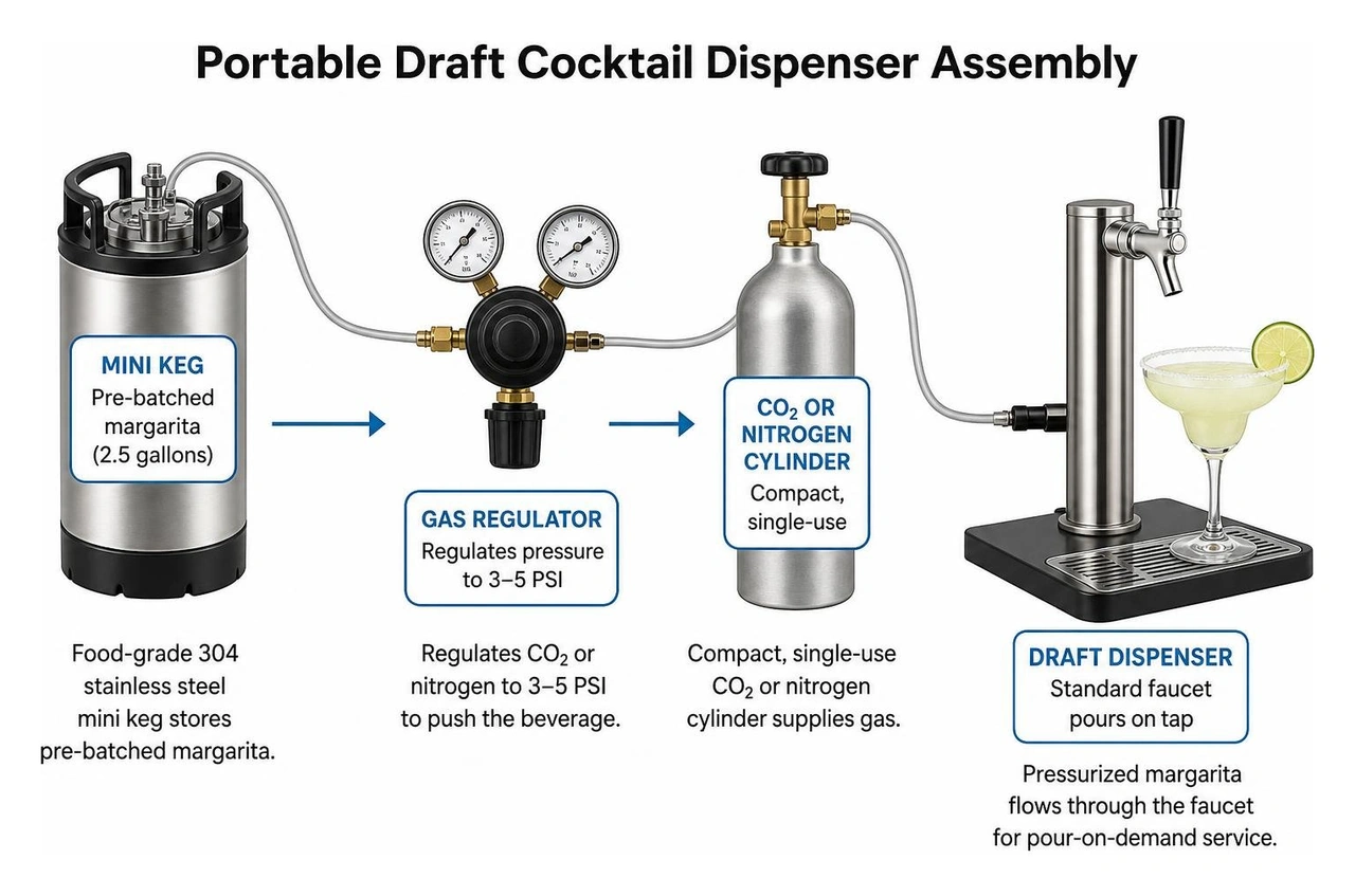 Diagram of portable draft cocktail dispenser assembly with mini keg and gas regulator
