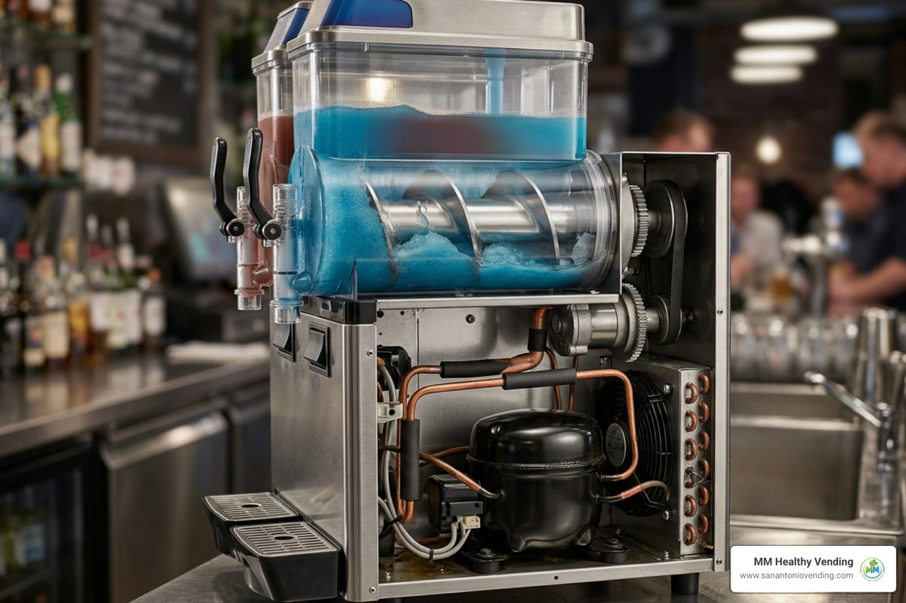 Refrigeration compressor and spinning auger mechanism inside a commercial slush dispenser