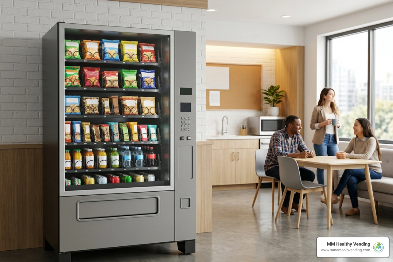 Modern glassfront snack machine placed in a bright office breakroom Modern glassfront snack machine placed in a bright office breakroom