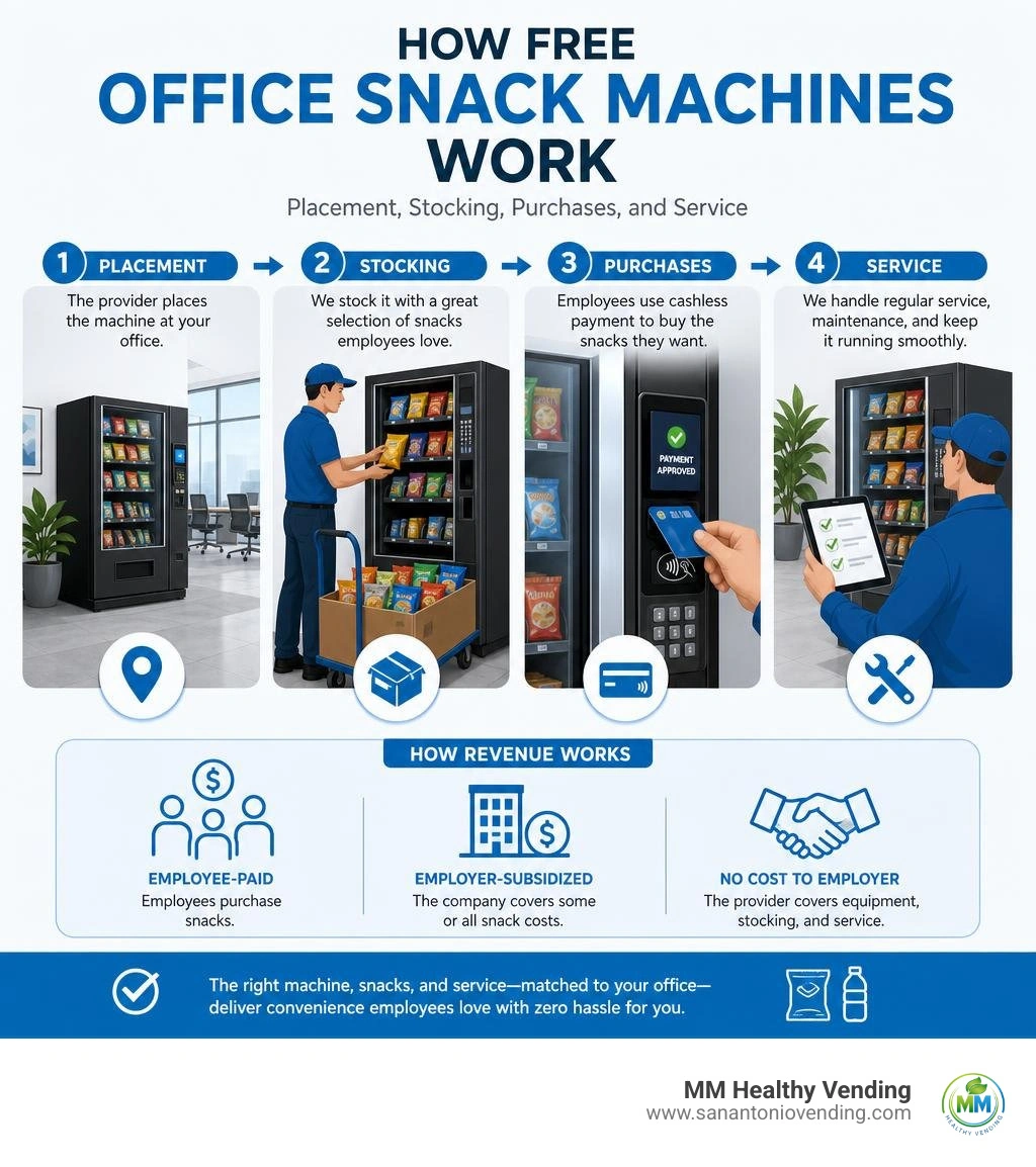 How free office snack machines work: placement, stocking, purchases, and service infographic How free office snack machines work: placement, stocking, purchases, and service infographic