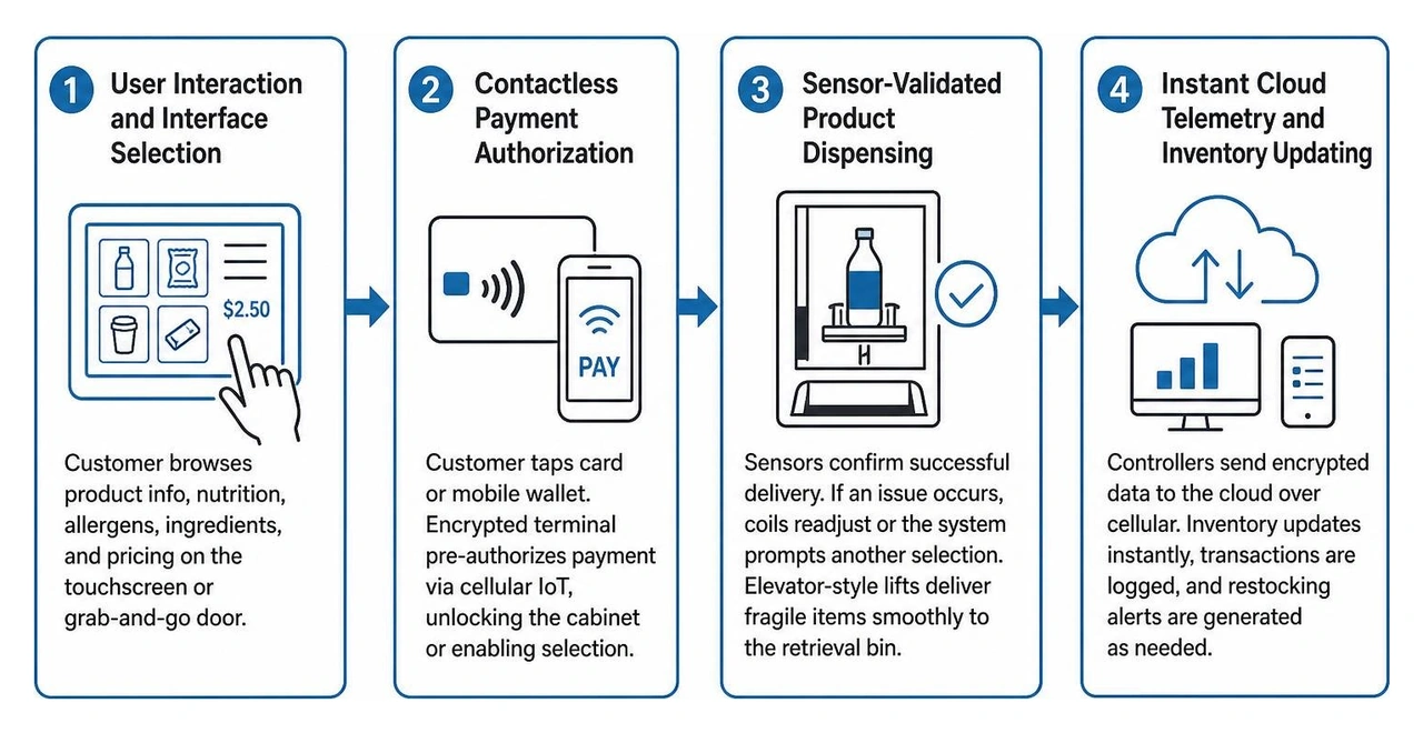 Step-by-step smart vending operational workflow from user tap to cloud sync Step-by-step smart vending operational workflow from user tap to cloud sync