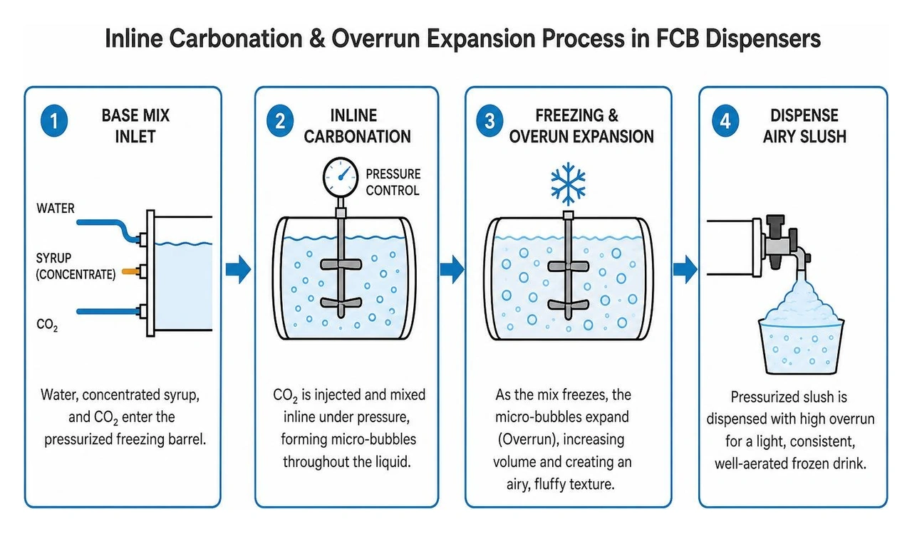 Inline carbonation and overrun expansion process in FCB dispensers