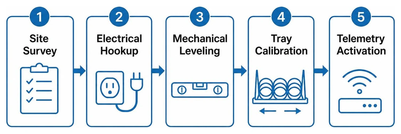 Step by step deployment process: site survey, electrical hookup, mechanical leveling, tray calibration, telemetry activation Step by step deployment process: site survey, electrical hookup, mechanical leveling, tray calibration, telemetry activation