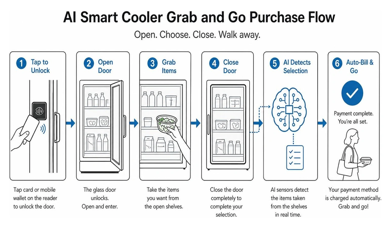 AI Smart Cooler grab and go purchase flow process