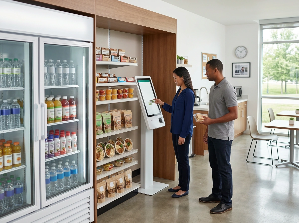 automated micro market and AI cooler setup in an office breakroom automated micro market and AI cooler setup in an office breakroom
