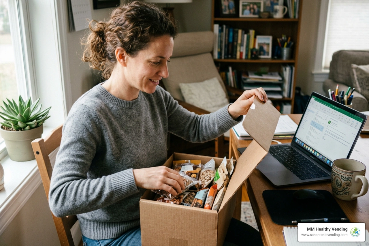 work-from-home employee opening a corporate snack care package work-from-home employee opening a corporate snack care package