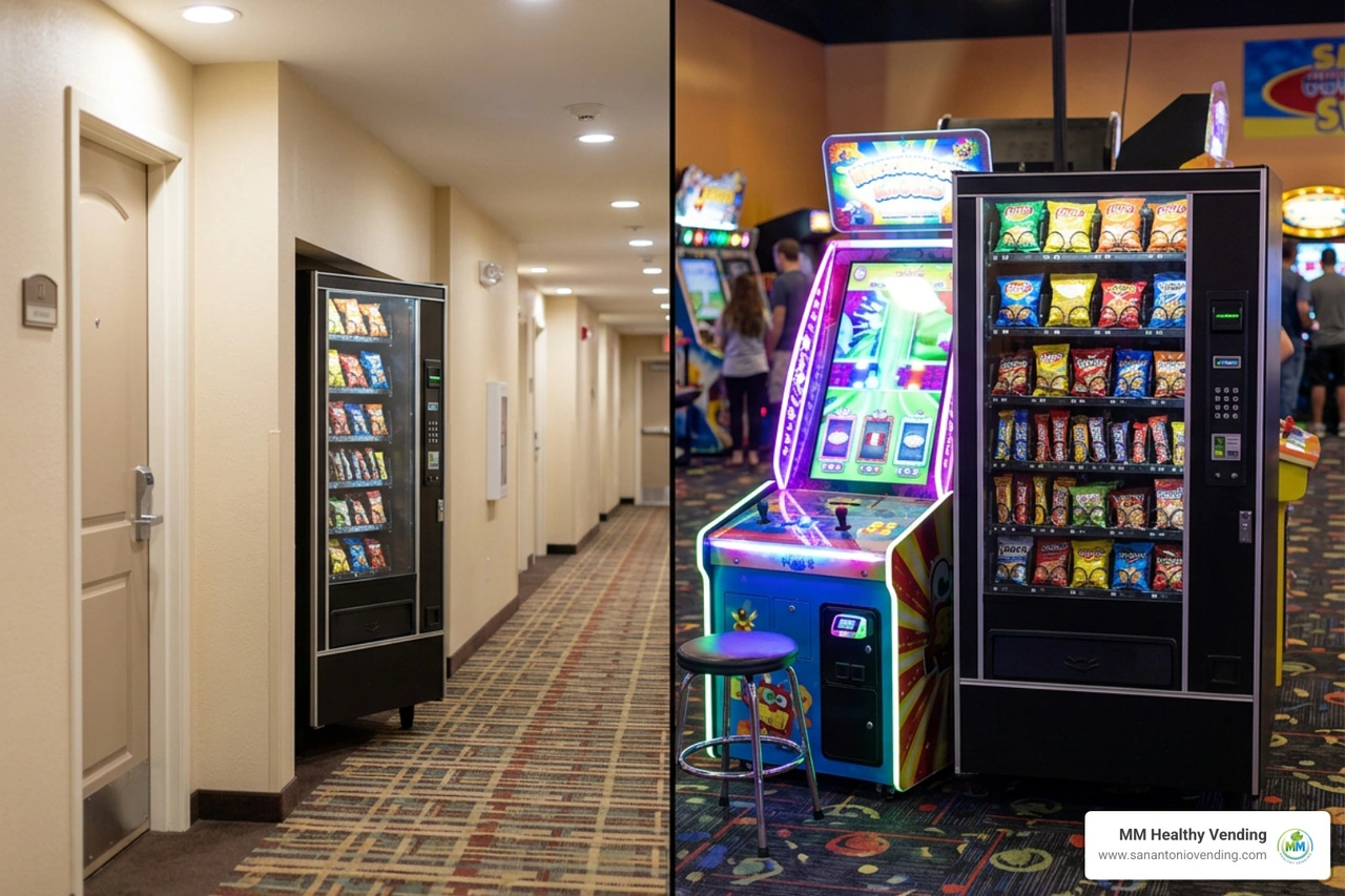 Small vending machines installed in arcade halls and hotel corridors
