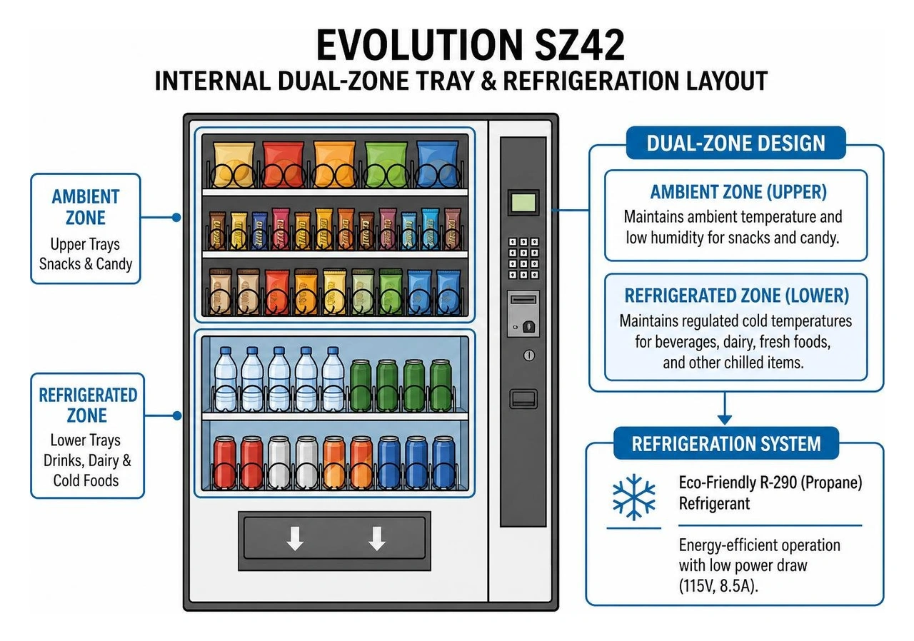 Evolution SZ42 internal dual-zone tray and refrigeration layout Evolution SZ42 internal dual-zone tray and refrigeration layout