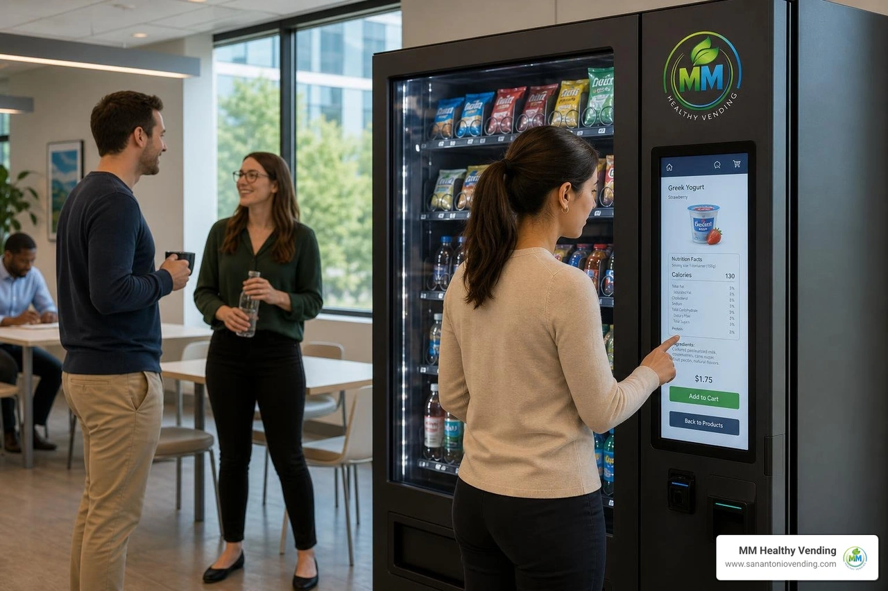 IoT-connected smart vending machine interface in modern breakroom IoT-connected smart vending machine interface in modern breakroom