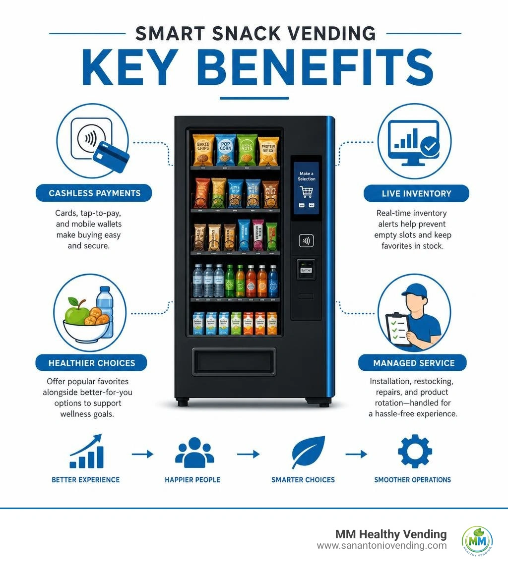Smart snack vending benefits: cashless payments, live inventory, healthier choices, managed service infographic Smart snack vending benefits: cashless payments, live inventory, healthier choices, managed service infographic