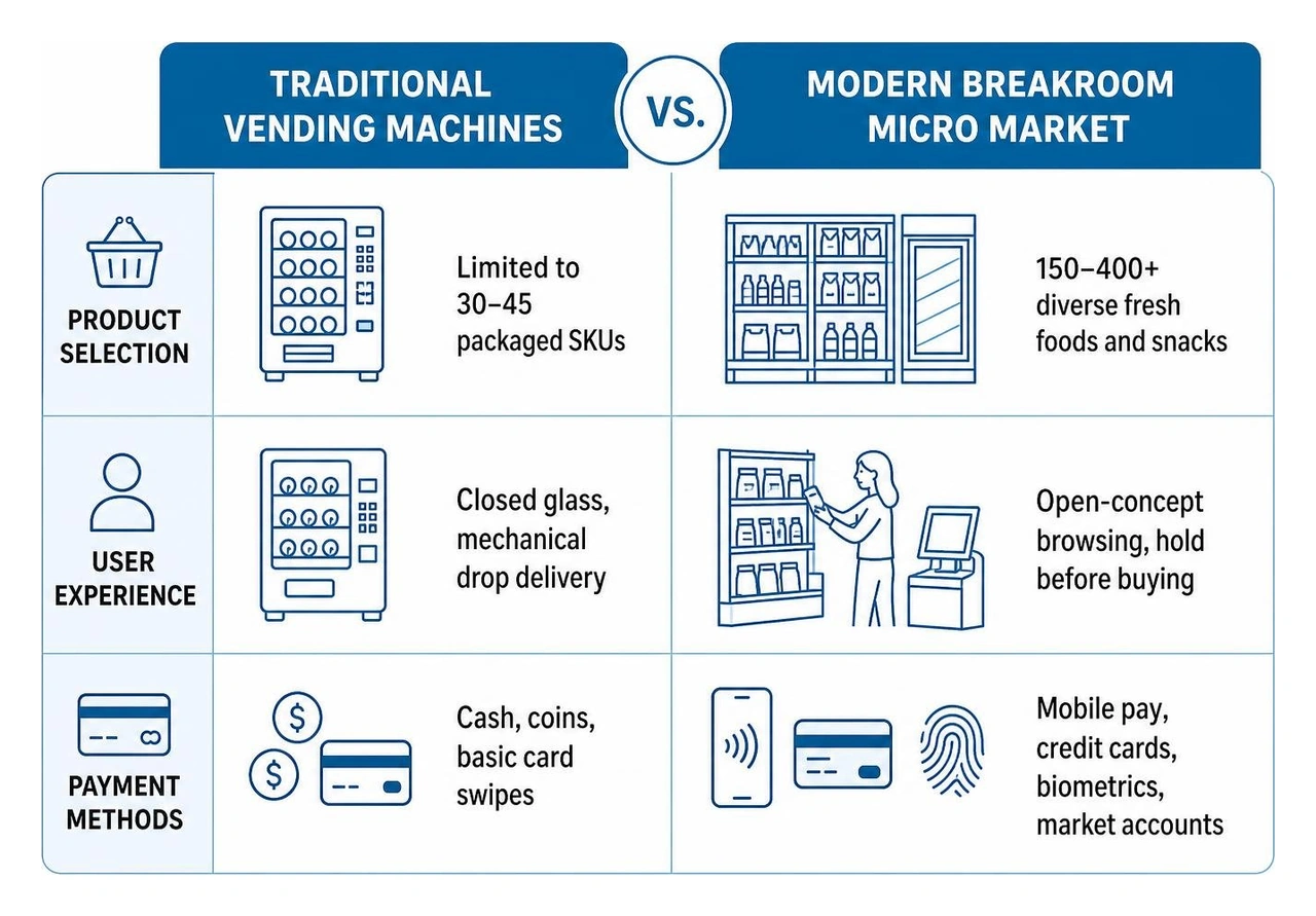 Comparison of traditional vending machines vs modern breakroom micro markets
