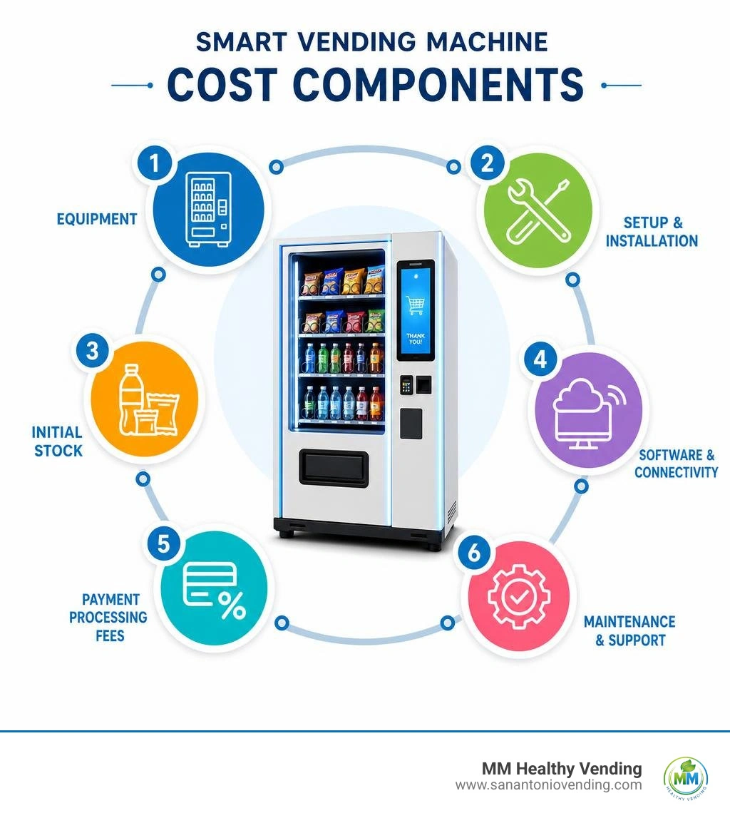 Smart vending machine cost components: equipment, setup, stock, software, fees, and maintenance infographic Smart vending machine cost components: equipment, setup, stock, software, fees, and maintenance infographic